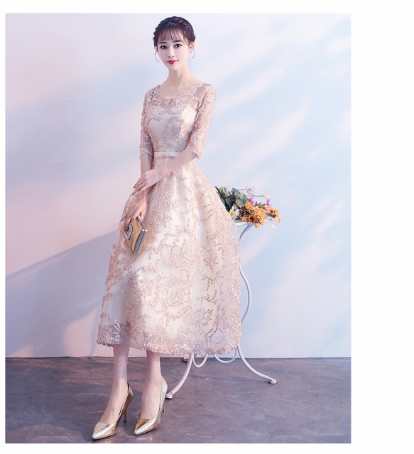 パーティードレス シャンパンゴールド ピンク ワインレッド ミモレ丈 五分袖 透け感の通販はau Pay マーケット ｅ ｚｅｅｅｅ 商品ロットナンバー