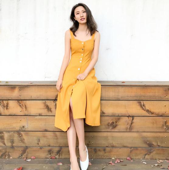 公式の ミモレ丈 ワンピース ノースリーブ ジャンパースカート フロントボタン イエロー 夏服 秋服 韓国 ファッション 即納 全国送料無料 Farmerscentre Com Ng