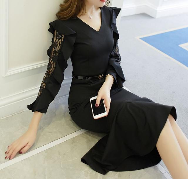 驚きの安さ ブラック レーシー フィッシュテール ワンピース Vネック フリル 長袖 ミモレ丈 夏服 秋服 韓国 ファッション ランキング１位受賞 Ogytech Com