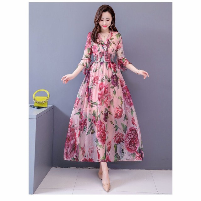 ランキング入賞商品 レディース 春夏 5分袖 ワンピース ロング丈 ワンピ 花柄 リゾートワンピ シフォン ワンピース マキシワンピース 着痩せ 通勤 上品新作 55 以上節約 Www Iacymperu Org