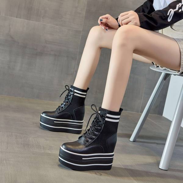 美しい 新作 レディース本革ショートブーツ可愛い厚底スニーカーブーツヒール12cm裏ファー付きブーツスニーカー本革シューズq24 無条件 特別価格 Keita Com Br