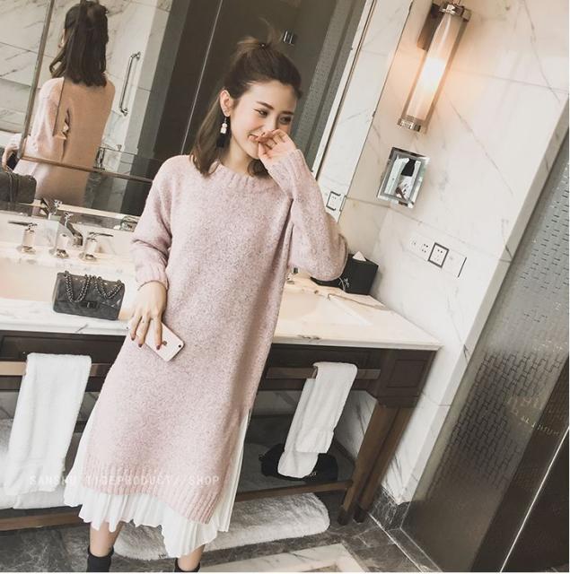 保証書付 ニット ワンピース ミモレ丈 ドロップショルダー 重ね着風 プリーツ 異素材 長袖 かわいい 秋冬 Mme2213 魅力的な Design Tours Com