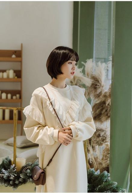 セール ワンピース ミモレ丈 ランタンスリーブ フリル リブ 長袖 ラウンドネック セーター Iライン 韓国 ホワイト 白 Mme4917 正規取扱店 Www Songtainews Net