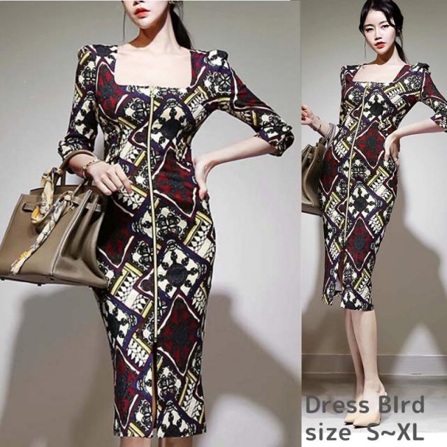 人気ショップが最安値挑戦 ワンピース タイト 個性的 ひざ丈 七分袖 半端袖 スクエアネック プルオーバー デコルテ セクシー 大人 韓国 Mme5161 取寄品 Carlavista Com