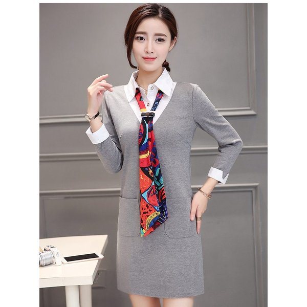 16 新作 ワンピース チュニック シャツドッキング スカーフ付 通勤 秋 冬灰の通販はau Wowma ワウマ Makey 商品ロットナンバー