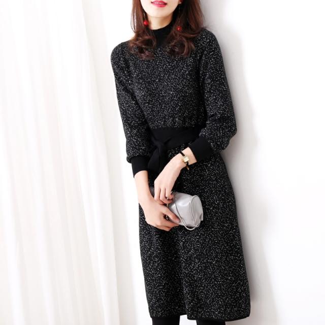 ブランドおしゃれ ワンピース スリム 長袖 秋冬 ベルト ニットワンピ ハイネック 千鳥格子ウエストリボン 0491 新発売の Conetica Com Mx