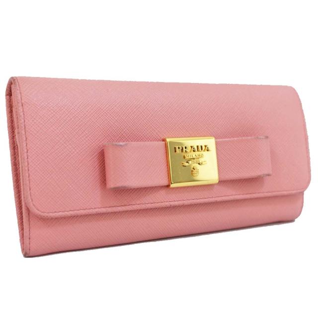 中古 Prada プラダ リボン ロゴ 長財布 レディース ピンク ゴールド金具 型押しレザー サフィアーノ 1mh132