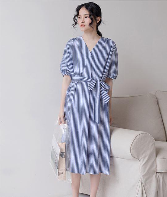 Vネックシャツワンピース パフスリーブ ブルーストライプ 半袖 女子会 お出かけ ママ会 の通販はau Pay マーケット Dharma Jaya 商品ロットナンバー