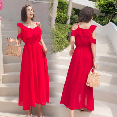 全国組立設置無料 レディースビーチ 海旅行赤いワンピースロング丈 シフォン リゾート ボヘミアン セクシービーチワンピースフェミニンマキシー キャミソー 超特価セール Carlavista Com