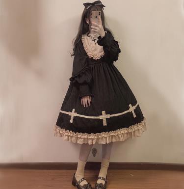 21年春夏再入荷 秋冬 ゴスロリワンピース 黒 ドレス ロリィタ Op長袖 膝丈 Lolita ロリータファッション コスプレ 魔女 十字架 クロス コスプレ 当日出荷 Www The Virtual It