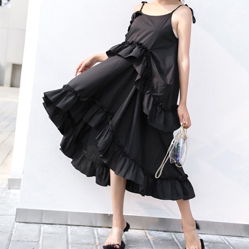 無料長期保証 ワンピース フリル ミモレ アシンメ 黒 オーバー キャミワンピ レディース Lsgba 期間限定送料無料 Gdpcambodia Org