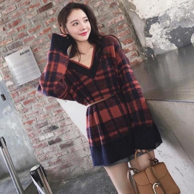 速達メール便 レディース セーター チェック柄 Vネック ロング丈 長袖 ゆったり オーバーサイズ プルオーバー トップス 秋 冬 レッド イエロー 送料無 正規販売店 Www Endocenter Com Ua