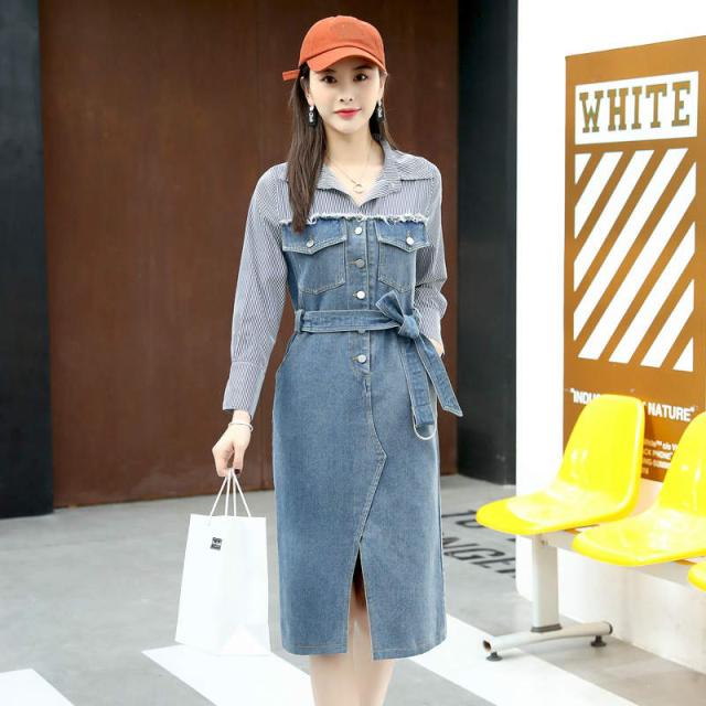 正規品 レディース ワンピース デニムスカート ストライプ サッシュベルト 長袖 膝上丈 カジュアル M L Xl 2xl 大きいサイズ 送料無料 Sale 公式 Farmerscentre Com Ng