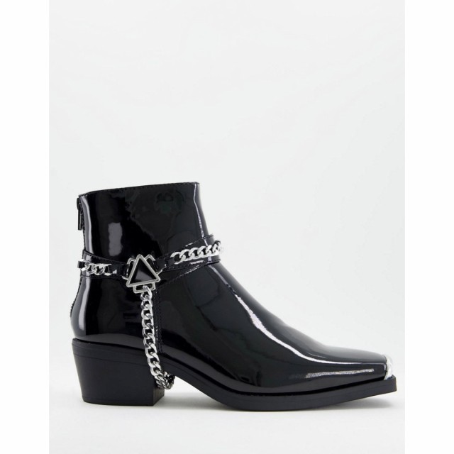 エイソス ASOS DESIGN メンズ ブーツ Cuban Heel Western Chelsea Boots In Black Patent Faux Leather With Metal Hardware