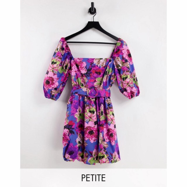 リバーアイランド River Island Petite レディース ワンピース ミニ丈 ワンピース・ドレス Floral Puffball Belted Mini Dress In Blue