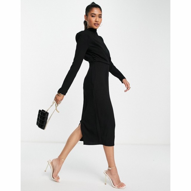 エイソス ASOS DESIGN レディース ワンピース ミドル丈 ワンピース・ドレス High Neck Shoulder Pad Twist Front Midi Dress In Black ブ