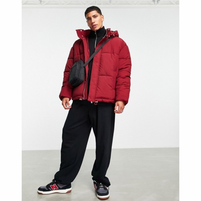 メンナス Mennace メンズ ダウン・中綿ジャケット アウター Oversized Puffer Jacket In Burgundy With Hood バーガンディ