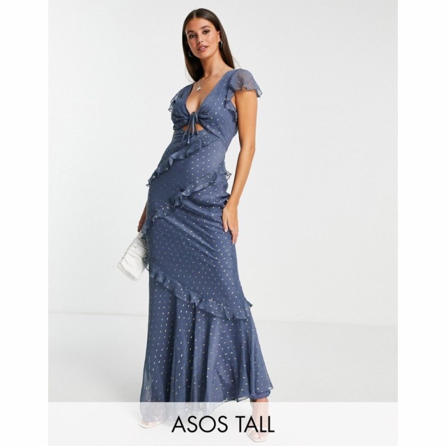 エイソス ASOS Tall レディース ワンピース マキシ丈 ワンピース・ドレス Tall Satin Bias Cut Tea Maxi Dress With Ruffle Sleeve In Fi