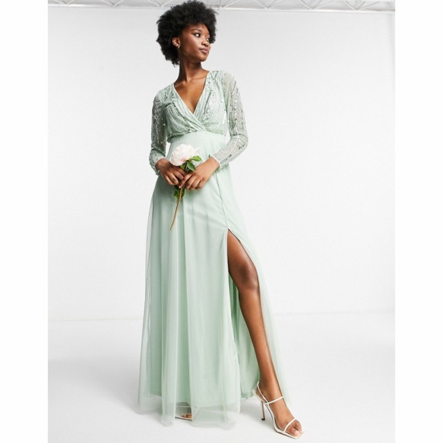 フロックアンドフリル Frock and Frill レディース ワンピース ラップドレス マキシ丈 Wrap Front Embellished Maxi Dress In Sage Green