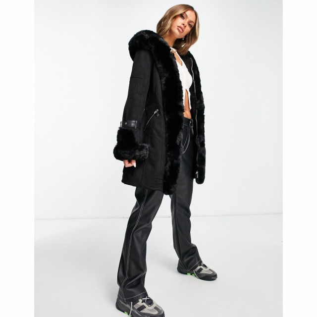 キューイーディーロンドン QED London レディース コート アウター Sudedette Belted Coat With Faux Fur Trim In Black ブラック