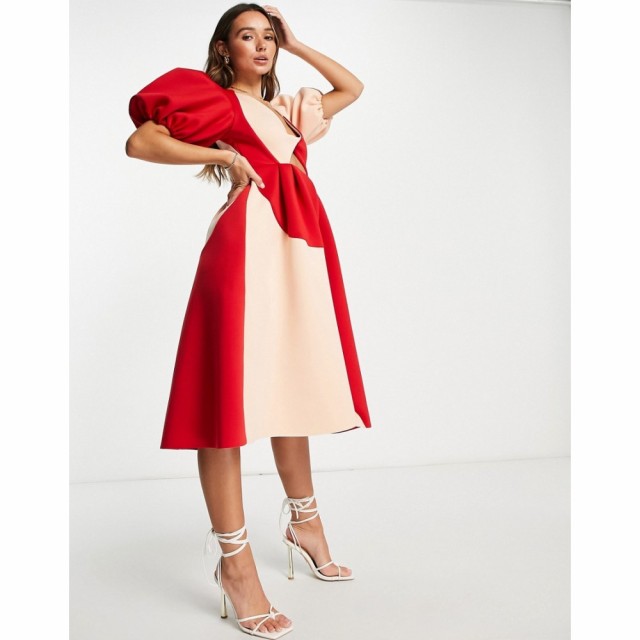 エイソス ASOS DESIGN レディース パーティードレス ミドル丈 Puff Sleeve Twist Plunge Cut Out Prom Midi Dress In Contrast Colour マ