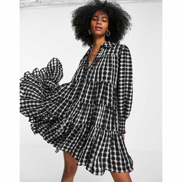 トップショップ Topshop レディース ワンピース Ａライン ワンピース・ドレス Tiered Chuck On Check Mini Shirt Dress In Mono