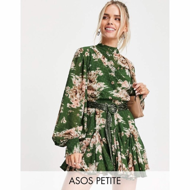 エイソス ASOS Petite レディース ワンピース Petite High Neck Pleated Jacquard Mini Dress With Macrame Belt And Godet Detail In Fl