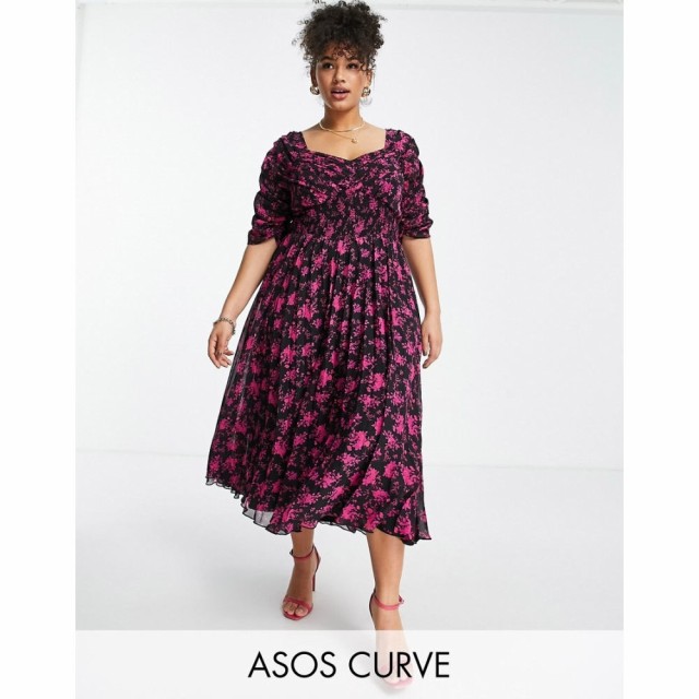 エイソス ASOS Curve レディース ワンピース Curve Ruched Front Pleated Midi Dress With Shirred Waist In In Black Floral Print フロ