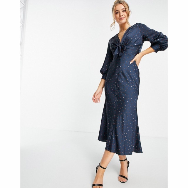 エイソス ASOS DESIGN レディース ワンピース ミドル丈 ワンピース・ドレス Satin Tie Front Midi Dress With Button Detail In Micro Sp