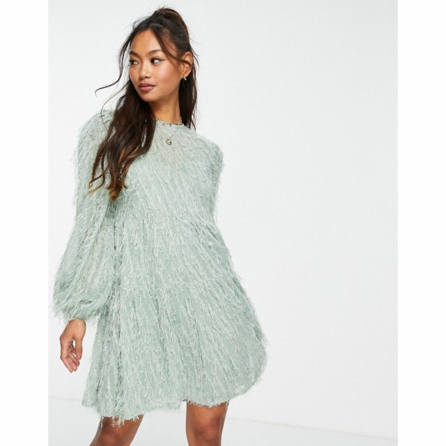 エイソス ASOS DESIGN レディース ワンピース Ａライン ワンピース・ドレス Tiered Mini Dress In Fluffy Texture In Sage Green セージ