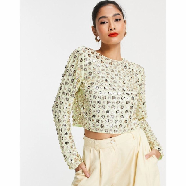 エイソス ASOS DESIGN レディース トップス Long Sleeve Embellished Top With Tie Back Detail In Disc Sequin In Lime シルバー