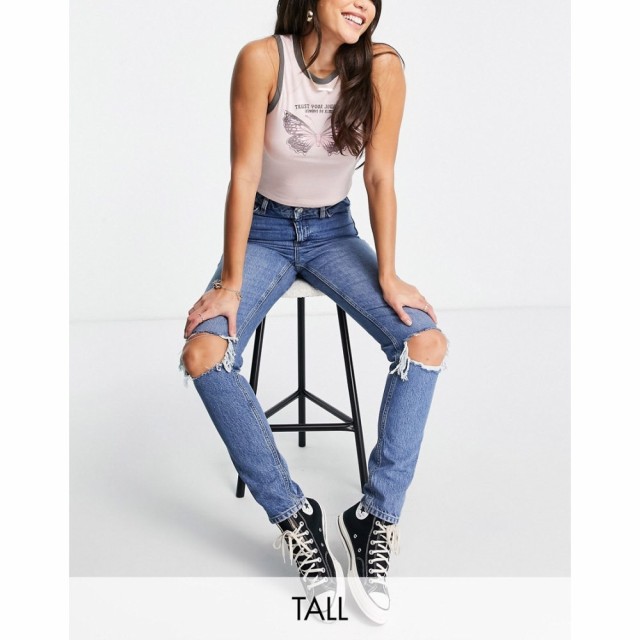 トップショップ Topshop Tall レディース ジーンズ・デニム ボトムス・パンツ Mid Blue Double Rip Mom Jeans ブルー