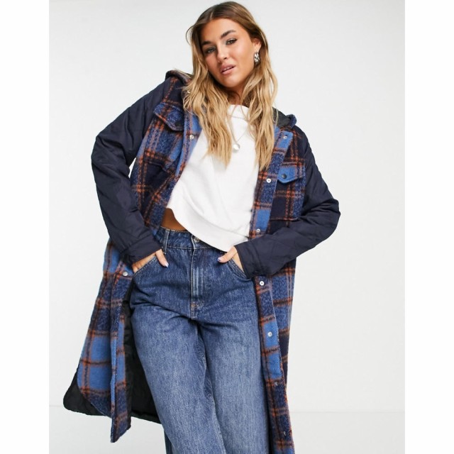 ノイズィーメイ Noisy May レディース コート ロングコート アウター Contrast Quilting Longline Coat In Blue Check ブルー