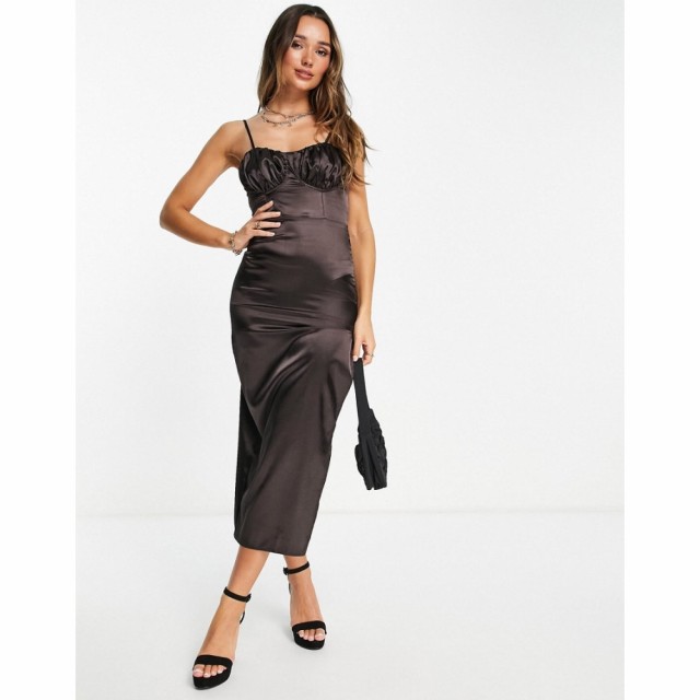 フラウンスロンドン Flounce London レディース ワンピース ミドル丈 Satin Midi Dress With Ruched Cup Details In Midnight Brown ブラ