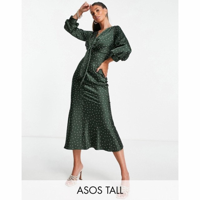 エイソス ASOS Tall レディース ワンピース ミドル丈 ワンピース・ドレス Tall Satin Tie Front Midi Dress With Button Detail In Spot