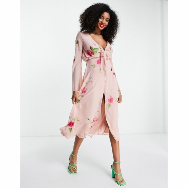 エイソス ASOS DESIGN レディース ワンピース ミドル丈 Asos Deisgn Tie Front Button Through Midi Dress With Floral Embroidery In Bl