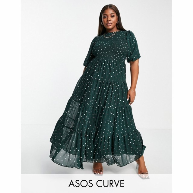 エイソス ASOS Curve レディース ワンピース Ａライン ワンピース・ドレス Curve Shirred Tiered Maxi Dress In Green Spot Print