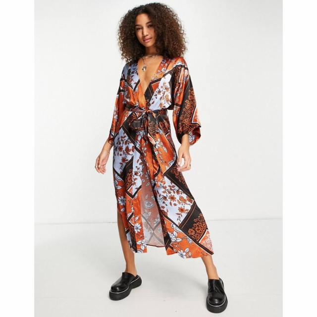 トップショップ Topshop レディース ワンピース ワンピース・ドレス Premium Satin Kimono Dress In Patchwork マルチカラー