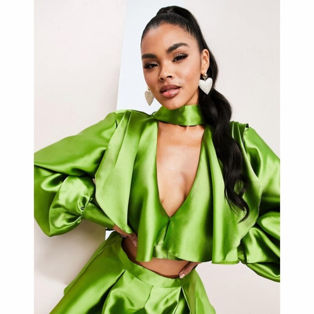 エイソス ASOS Luxe レディース トップス Asos Luxe Co-Ord Satin Top With Extreme Ruffles In Green グリーン