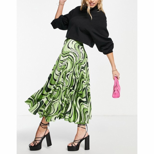 エイソス ASOS DESIGN レディース ひざ丈スカート プリーツスカート スカート Satin Pleated Midi Skirt In Green Swirl Print マルチカ