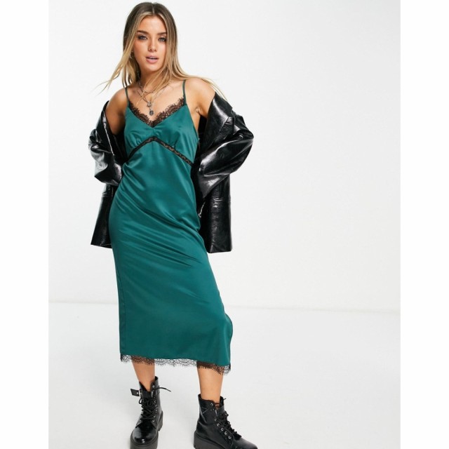 トップショップ Topshop レディース ワンピース ミドル丈 ワンピース・ドレス Satin Midi Slip With Contrast Black Lace In Green グリ