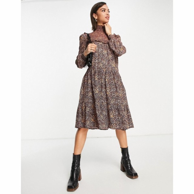 フレンチコネクション French Connection レディース ワンピース Ａライン Faith Drape High Neck Tiered Midi Dress In Brown Animal Pr