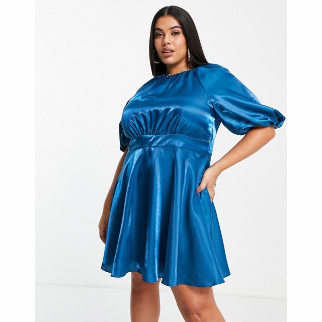 フォーエバーニュー Forever New Curve レディース ワンピース ワンピース・ドレス Satin Ruffle Hem Dress With Bow Back In Blue ティ