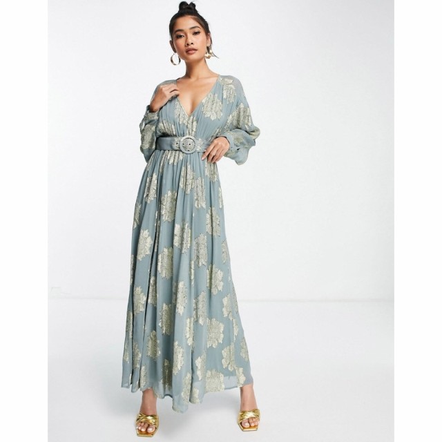 エイソス ASOS DESIGN レディース ワンピース マキシ丈 ワンピース・ドレス Belted Batwing Maxi Tea Dress In Metallic Jacquard