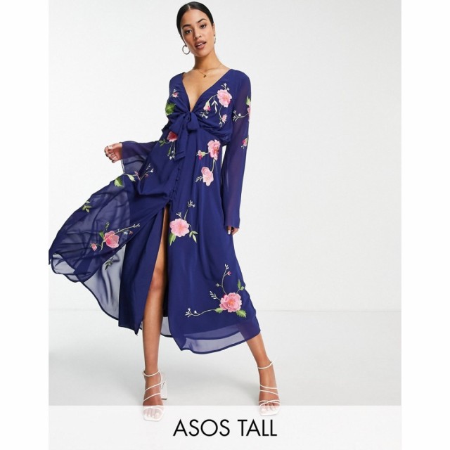 エイソス ASOS Tall レディース ワンピース ミドル丈 ワンピース・ドレス Tall Tie Front Button Through Midi Dress With Floral Embroi