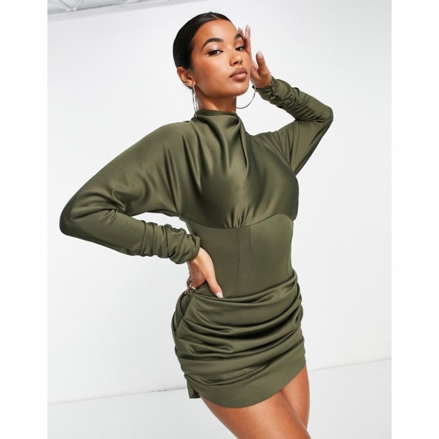 エイソス ASOS DESIGN レディース ワンピース ミニ丈 ワンピース・ドレス Structured Waist Mini Dress With Drape Detail In Khaki カー