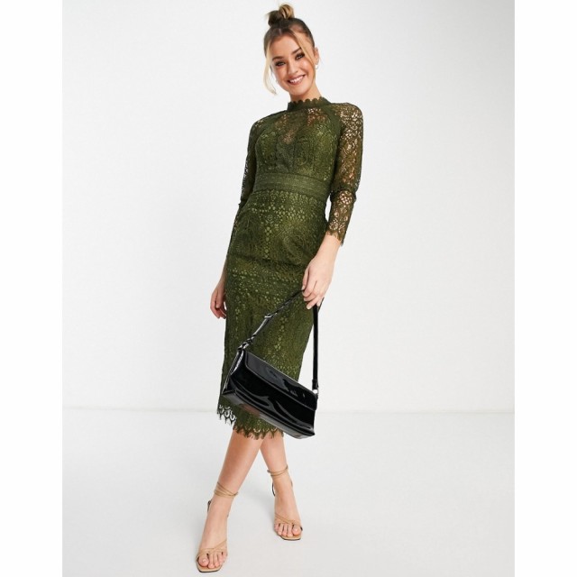 エイソス ASOS DESIGN レディース ワンピース タイト ミドル丈 ワンピース・ドレス Lace Pencil Midi Dress With Lace Trim In Khaki カ