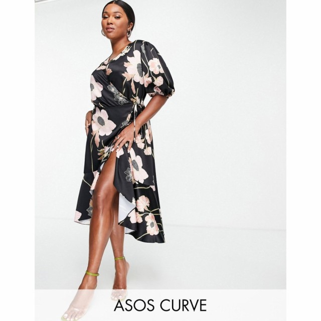 エイソス ASOS Curve レディース ワンピース ラップドレス ワンピース・ドレス Curve Satin Midi Wrap Dress With Puff Sleeves In Flora