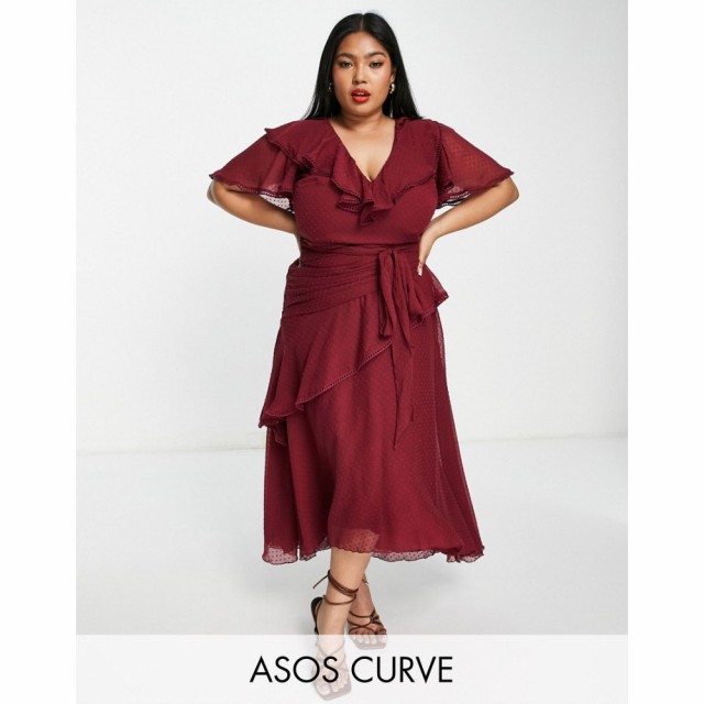 エイソス ASOS Curve レディース ワンピース ミドル丈 ワンピース・ドレス Curve Drape Detail Midi Dress In Dobby Chiffon With Tie De