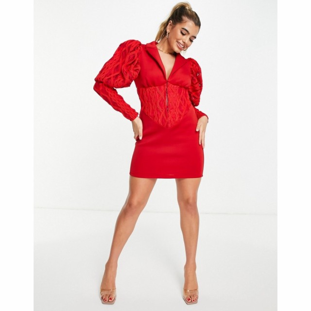 エイソス ASOS DESIGN レディース ワンピース ミニ丈 ワンピース・ドレス Wiggle Lace Tux Puff Sleeve Mini Dress In Red レッド